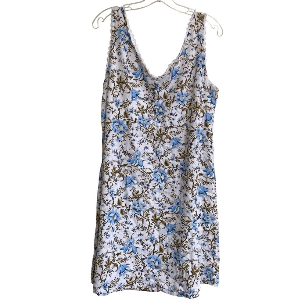 Laura Ashley Sleeveless Linen Floral Romantic Mini Dress Lace Pockets -‎ 12